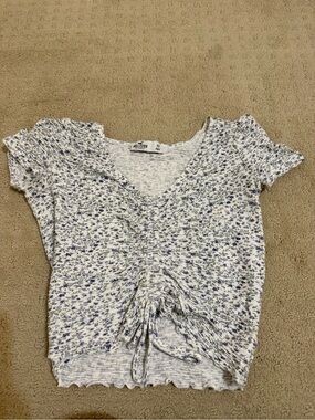 Hollister Blue & White Floral Ruched V-Neck Crop Top